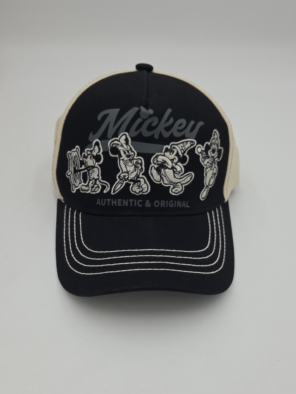 Disney Mickey Character Trucker Hat in Black and Cream